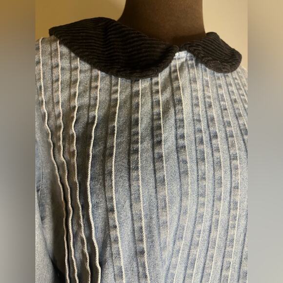 Vtg 90s Denim Velvet Collar Pleated Midi Ankle Dress Size 14P Boho Feminine - Picture 5 of 7